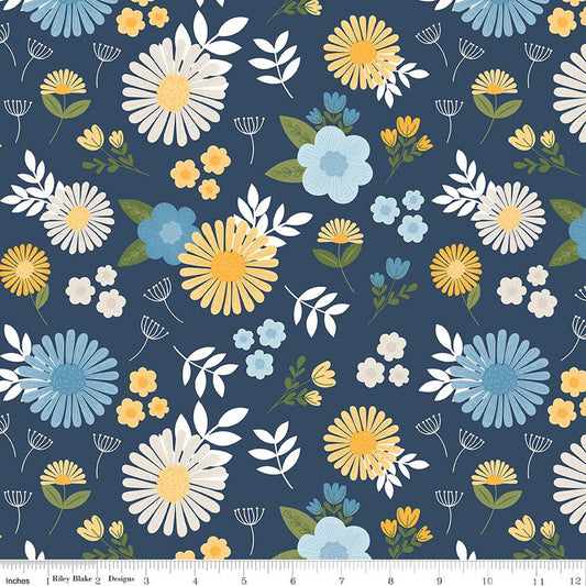 Sunshine & Dandelions Main Floral Navy Blue Traci Reed Riley Blake Cotton Fabric RB-C17920-NAVY