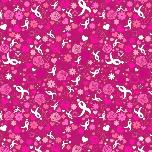 Susan G Komen Hearts & Ribbon Dark Pink Breast Cancer Sykel Enterprises Cotton Fabric SYK-10567-DKPINK-SGK