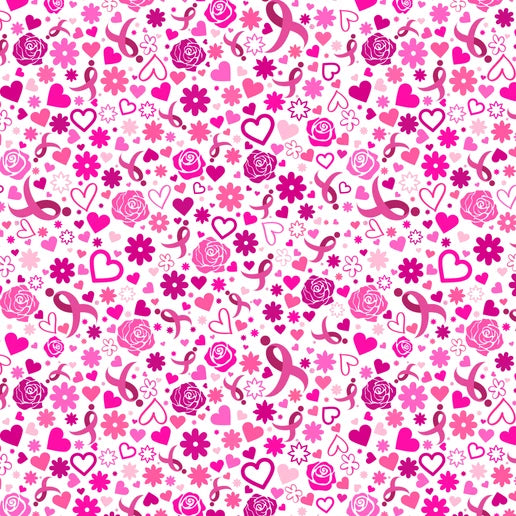 Susan G Komen Hearts & Ribbon White Breast Cancer Sykel Enterprises Cotton Fabric SYK-10567-WHITE-SGK