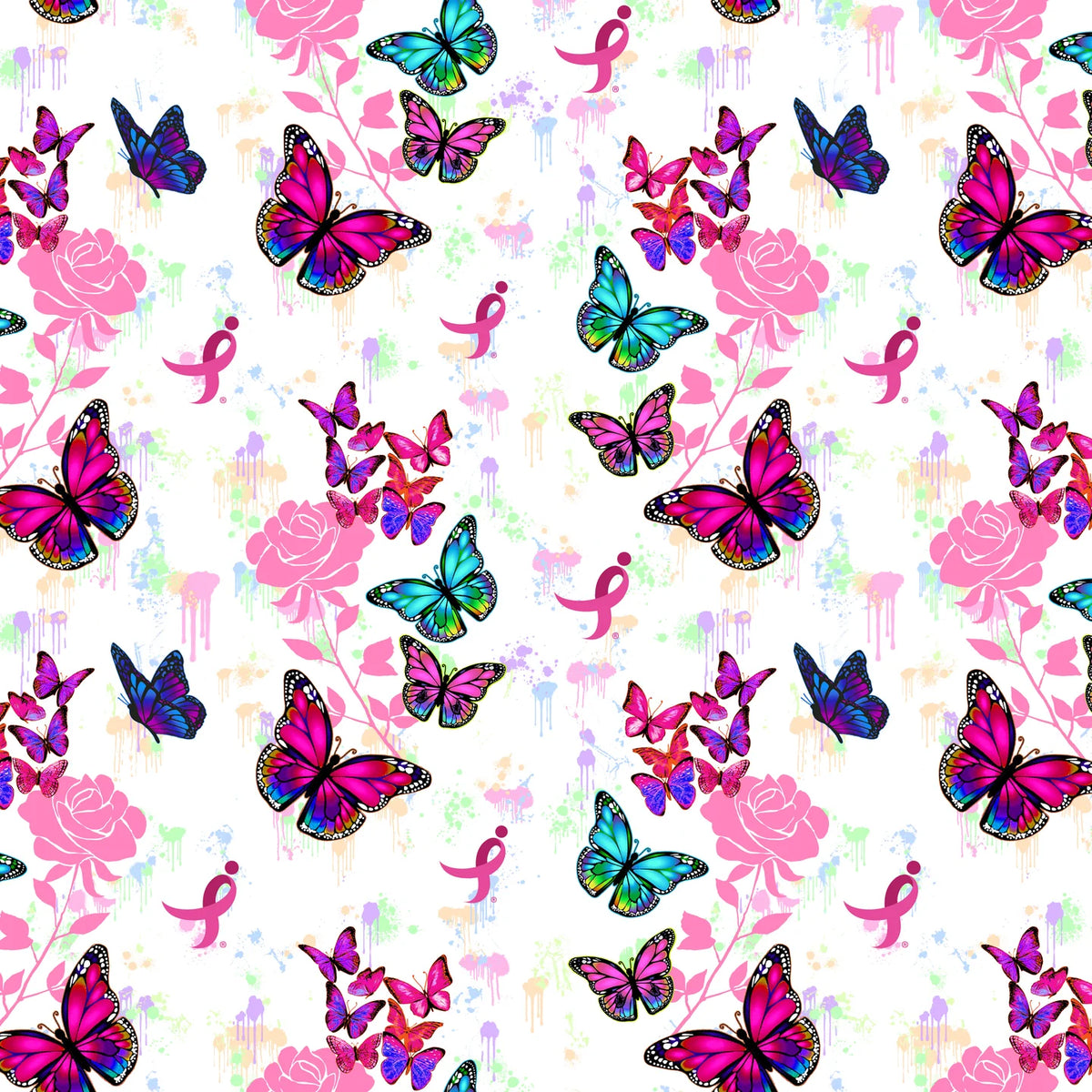Susan G Komen Pink Ribbon Butterfly White Breast Cancer Sykel Enterprises Cotton Fabric SYK-10564-SGK