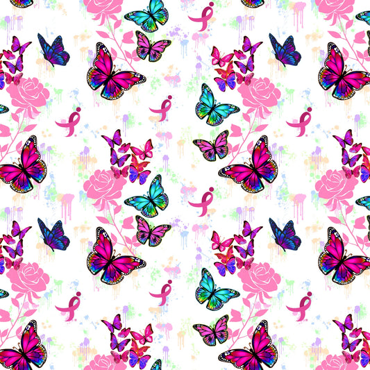 Susan G Komen Pink Ribbon Butterfly White Breast Cancer Sykel Enterprises Cotton Fabric SYK-10564-SGK