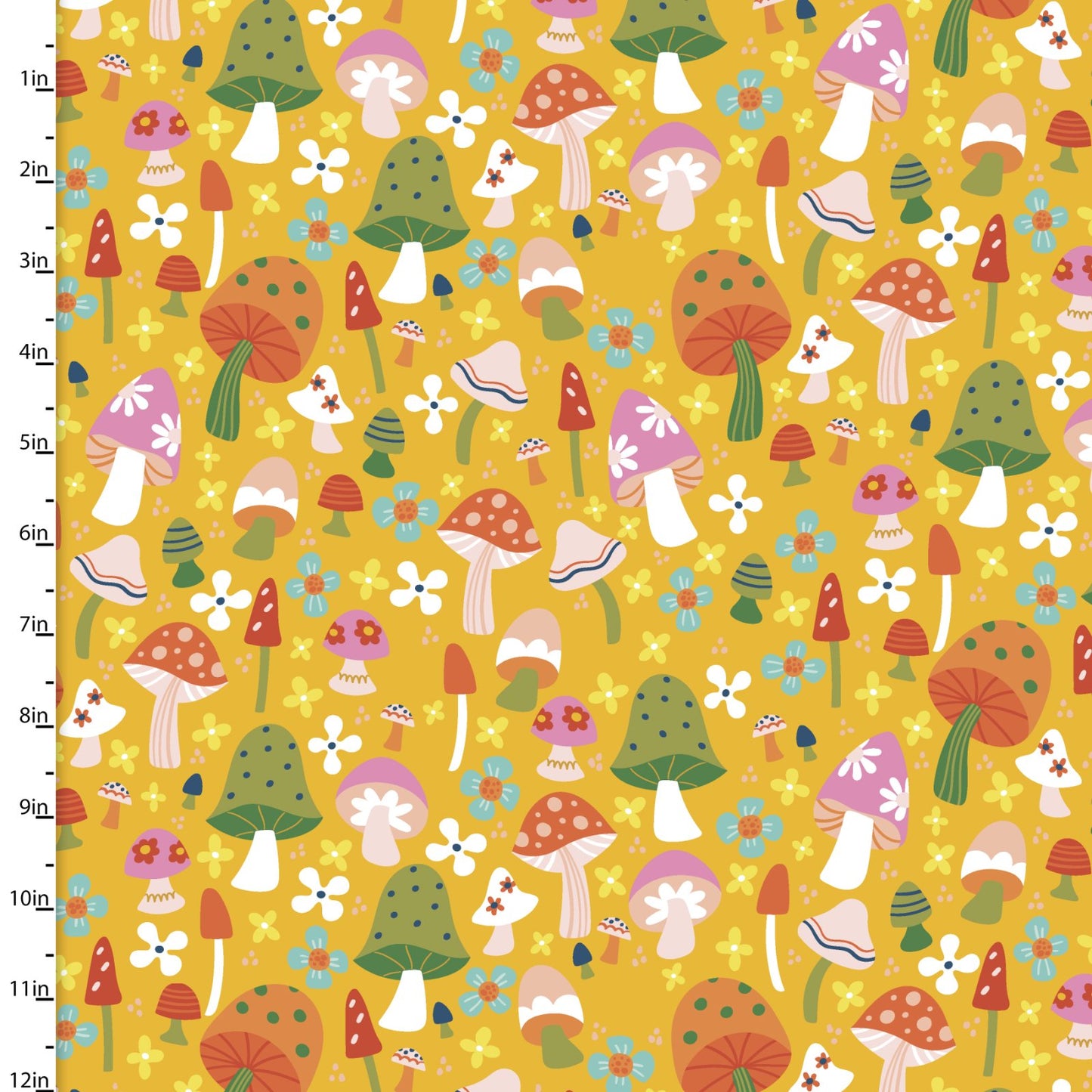 Susie Sunshine Mushroom Field Gold Amanda McGee 3 Wishes Cotton Fabric