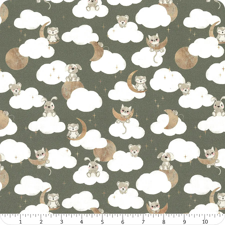 Sweet Lulla the Clouds Ba Animals Charcoal Green Ivy Jayne Camelot Cotton Fabric