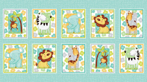 Sweet Safari Baby Animals Block Panel 24" Aqua Green Victoria Hutto Studio E Cotton Fabric