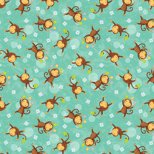 Sweet Safari Tossed Monkeys Baby Animal Aqua Green Victoria Hutto Studio E Cotton Fabric