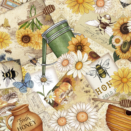 Sweet as Honey Bee and Garden Collage Beige Dan Morris Quilting Treasures Fabrics Cotton Fabric