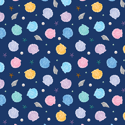 Swim with Me Light Shells Navy Kanvas Studio Benartex Cotton Fabric BE-15060-56