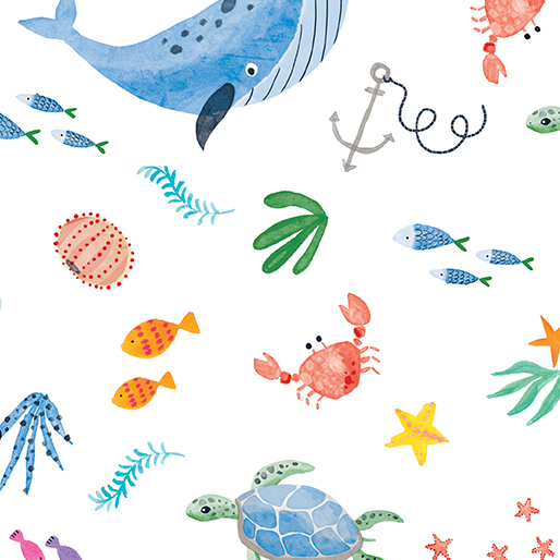 Swim with Me Ocean life White Kanvas Studio Benartex Cotton Fabric BE-15061-09
