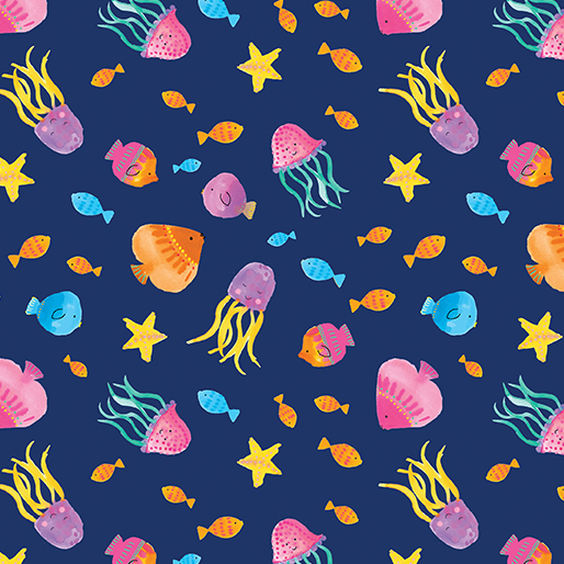 Swim with Me Tropical Fish Navy Kanvas Studio Benartex Cotton Fabric BE-15056-56