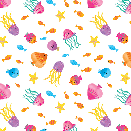 Swim with Me Tropical Fish White Kanvas Studio Benartex Cotton Fabric BE-15056-09