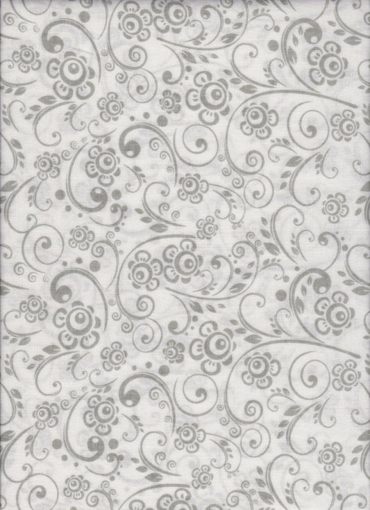 Get Back! Swirls and Flowers Gray White Foust Textiles Cotton Fabric