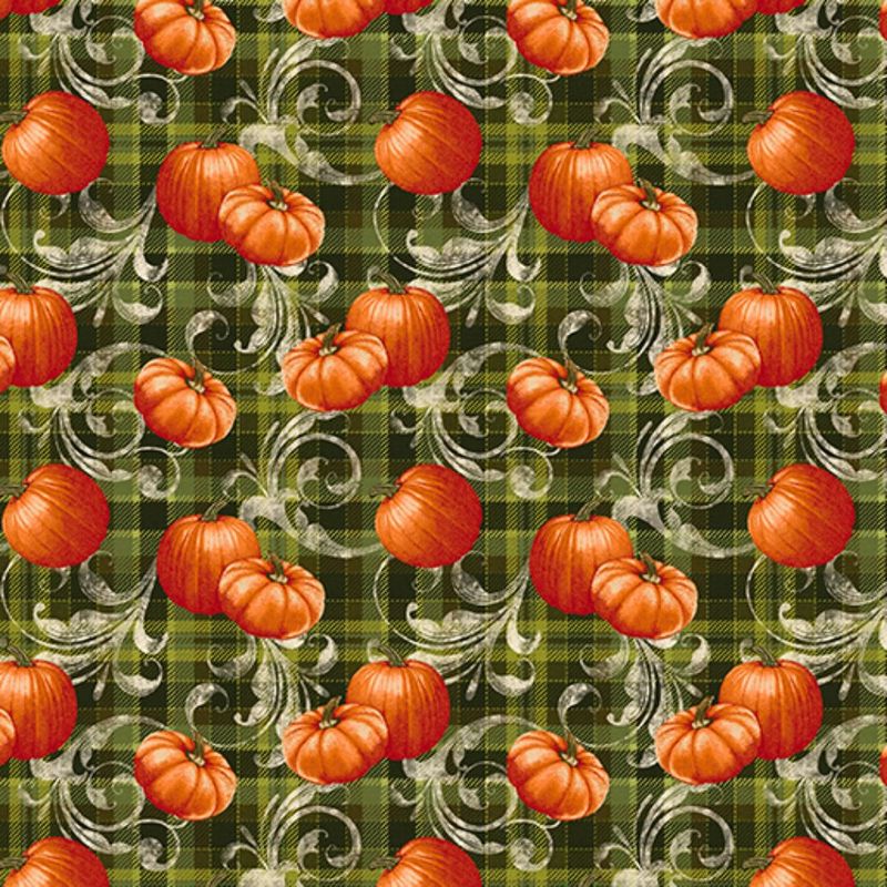 Turkey Time Pumpkin Plaid Scroll Leaf Green Skyline Studio Benartex Cotton Fabric BE-13106-44