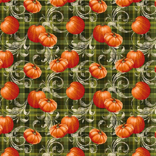 Turkey Time Pumpkin Plaid Scroll Leaf Green Skyline Studio Benartex Cotton Fabric BE-13106-44