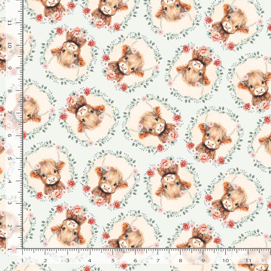 Til The Cows Come Home Cow Heads & Floral Sky Timeless Treasures Cotton Fabric TT-FARM-CD4043-SKY