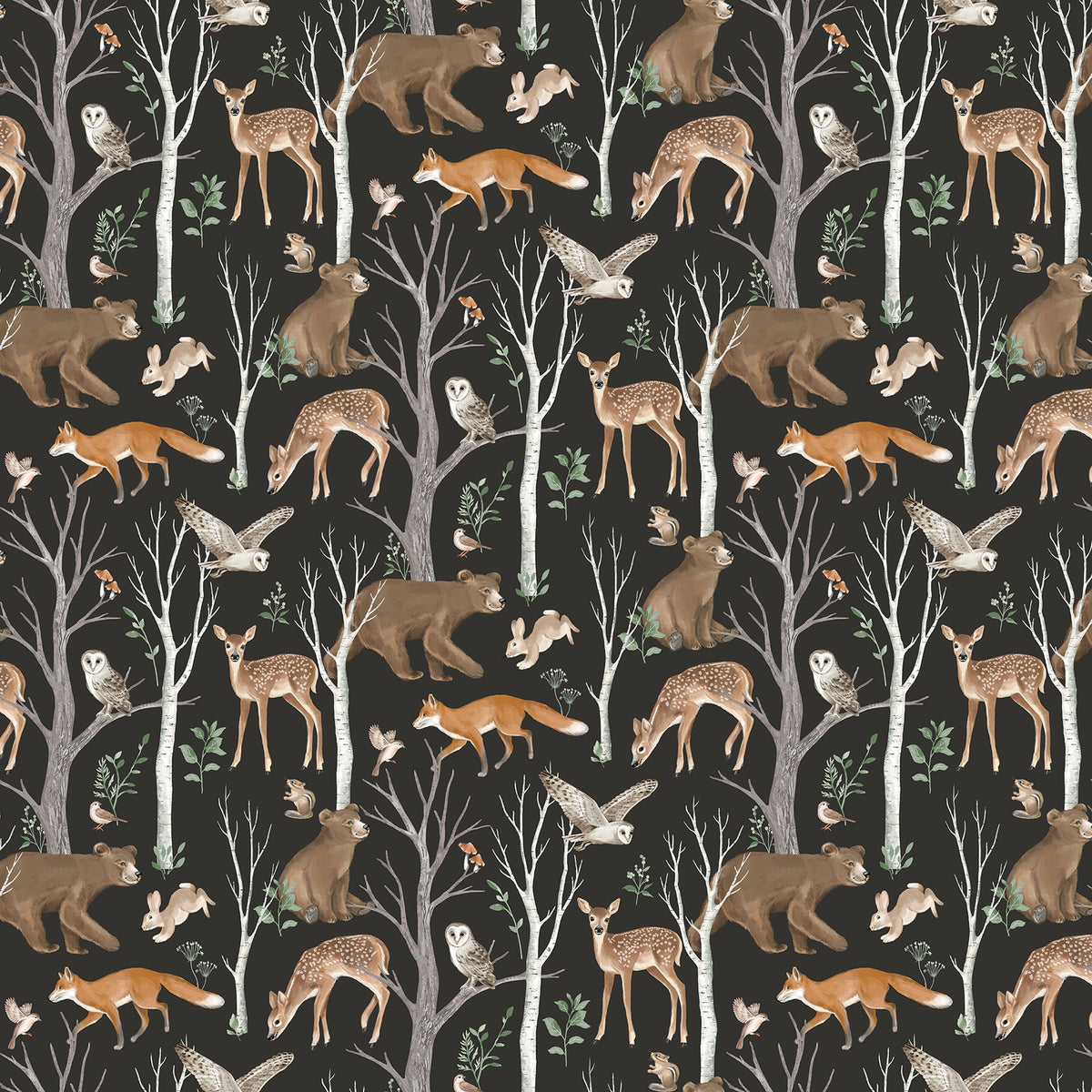 Tanglewood Scenic Animals Charcoal Multi Deborah Edwards Northcott Cotton Fabric NC-29281-98