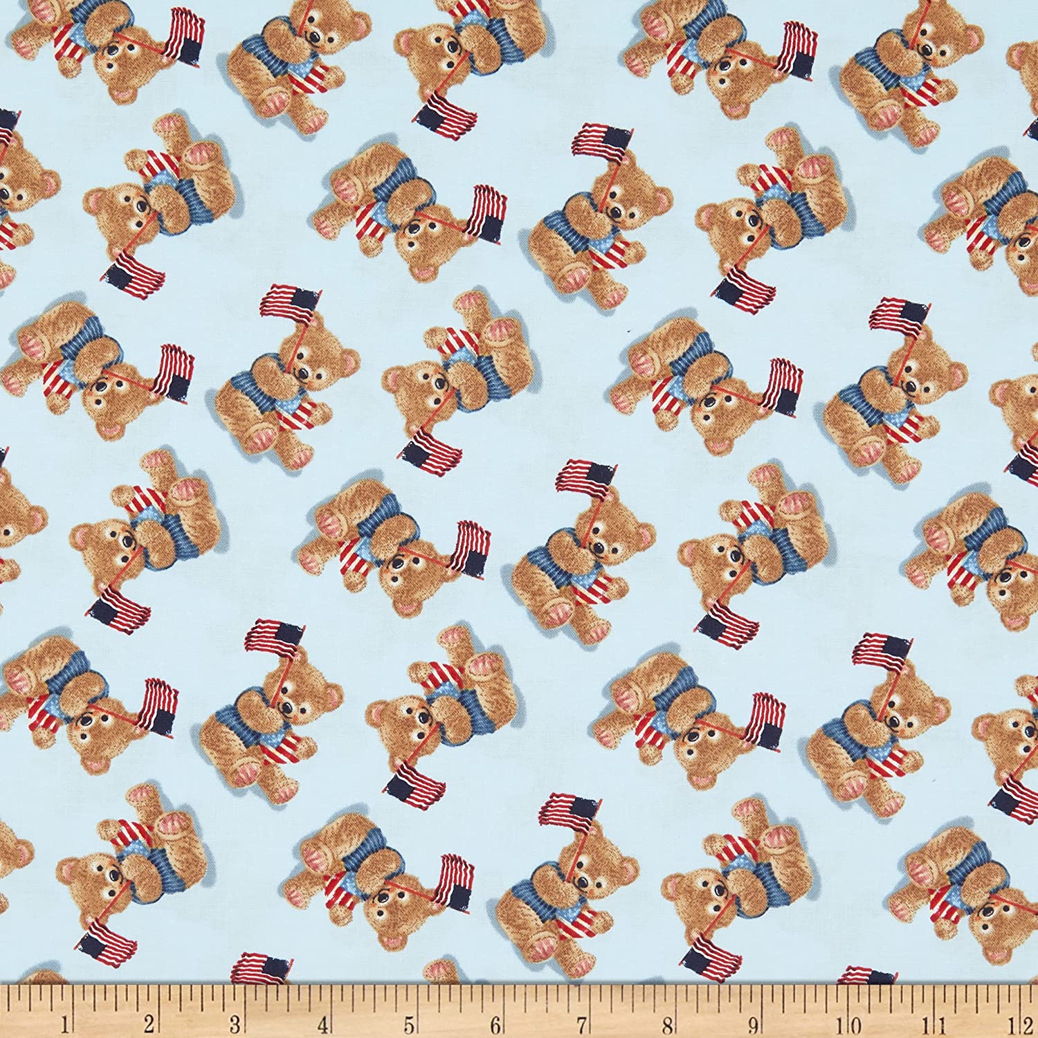 Teddy's America Tossed Teddy Flag Light Blue Robert Giordano Henry Glass Cotton Fabric HG-9580-11 Lt Blue | US Fabric Shop