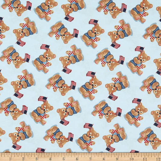 Teddy's America Tossed Teddy Flag Light Blue Robert Giordano Henry Glass Cotton Fabric