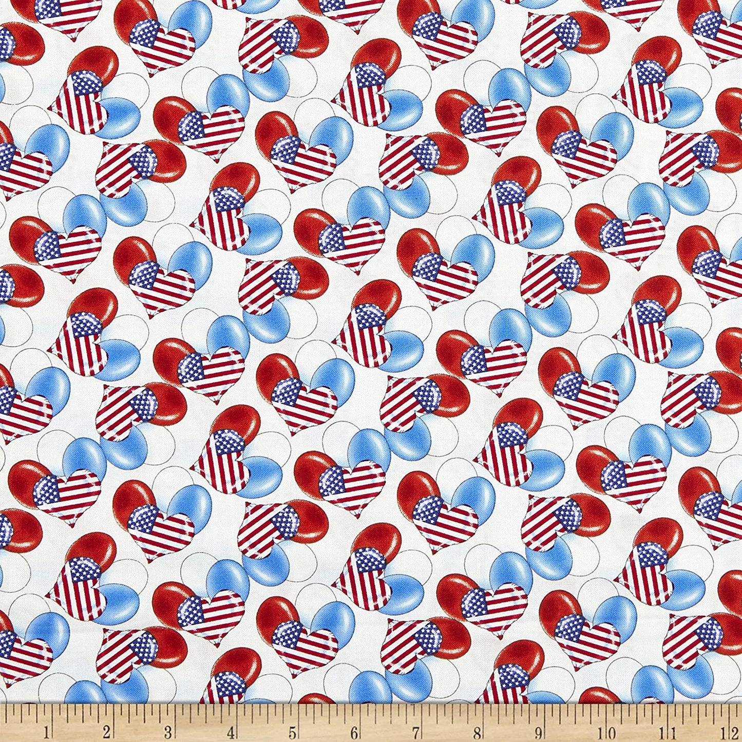 Teddy's America Heart Balloons White Robert Giordano Henry Glass Cotton Fabric