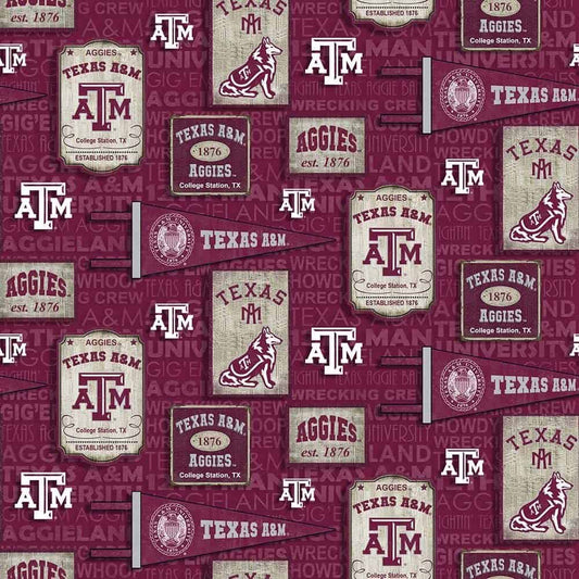 Texas A&M Aggies NCAA College Vintage Pennant Sykel Cotton Fabric