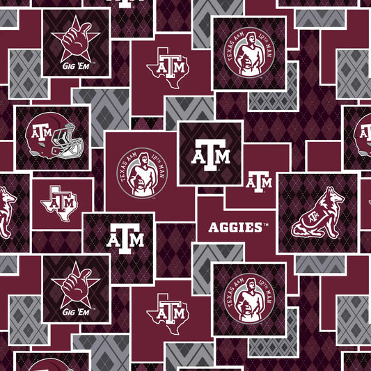 Texas A&M Aggies NCAA College Argyle Boxes Sykel Cotton Fabric SYK-TAM-1371