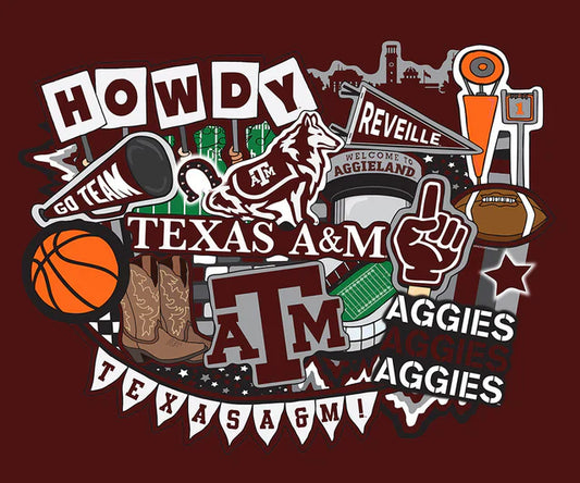 Texas A&M Aggies NCAA College Doodle Panel 36" Sammy Sykel Enterprises Cotton Fabric TAM-2000