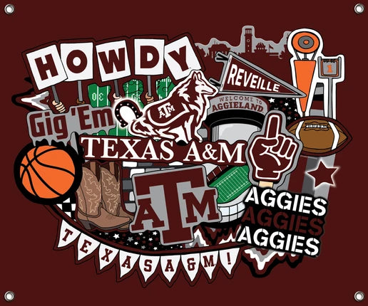 Texas A&M Aggies NCAA College Doodle Spirit Banner 58x47 inches Sykel Enterprises 4 Grommets Polyester Fabric TAM-5002