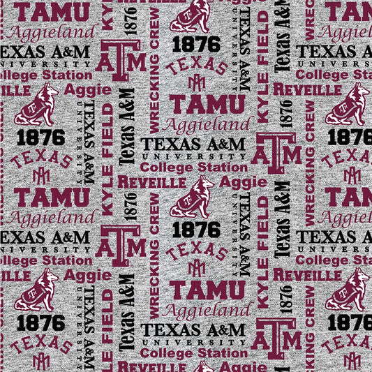 Texas A&M Aggies NCAA Collegiate Heather Verbiage Sykel Enterprises Polyester FLEECE Fabric TAM-1162