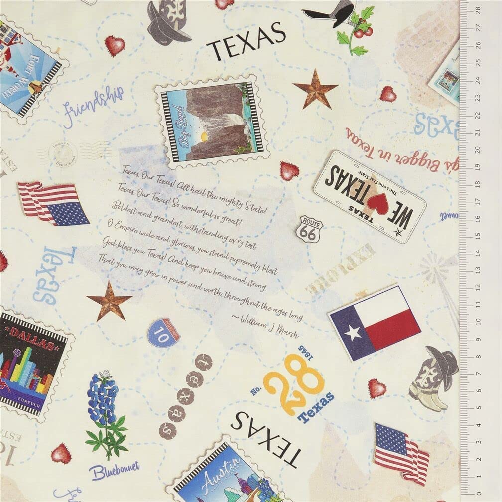Holiday Texas USA Tossed Stamp License Plates Natural Beige Multi Timeless Treasures Cotton Fabric