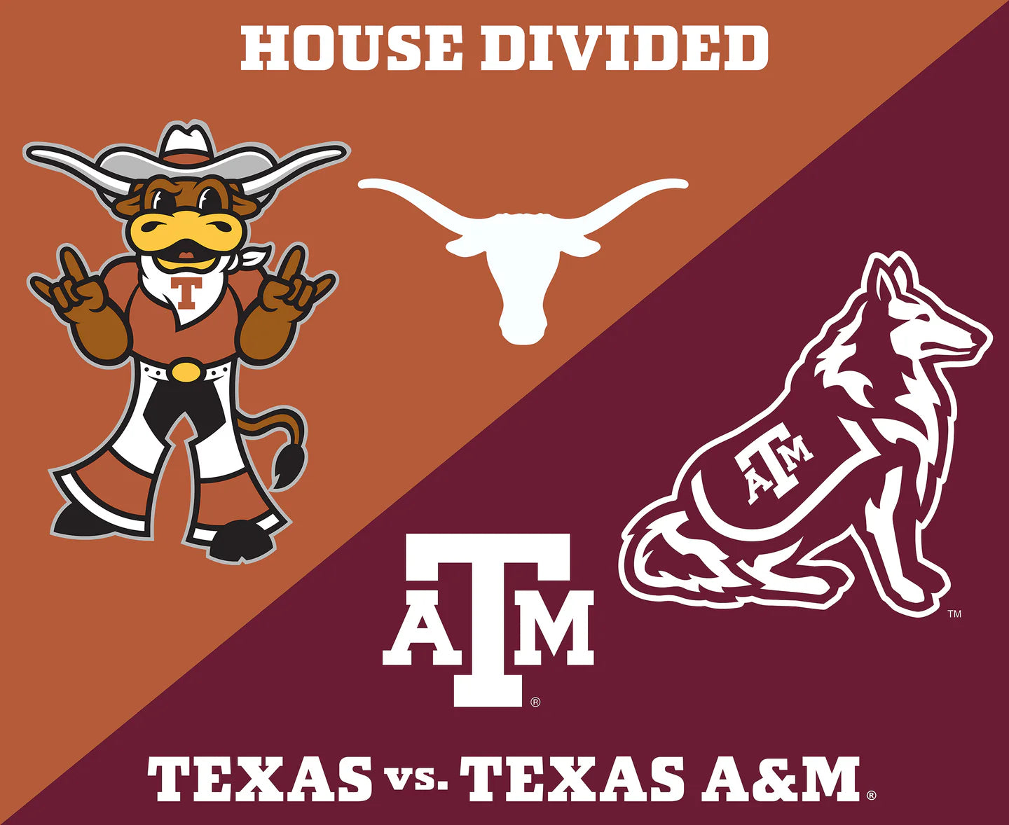 Texas Vs. Texas A&M A House Divided Panel 36" NCAA College Sykel Enterprises Cotton Fabric 1396TX-TAM