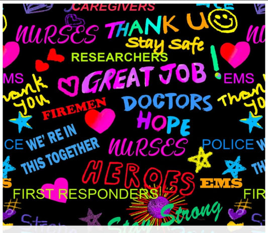 Thank you to our Heroes words Black Quilting Cotton Fabric