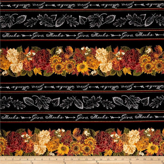 Thankful Grainteful Give Thanks Stripe Phrases Chalkboard Black Timeless Treasures Cotton Fabric