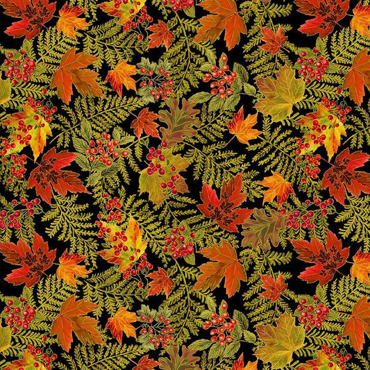 Thankful Packed Metallic Autumn Leaves Black Timeless Treasures Cotton Fabric