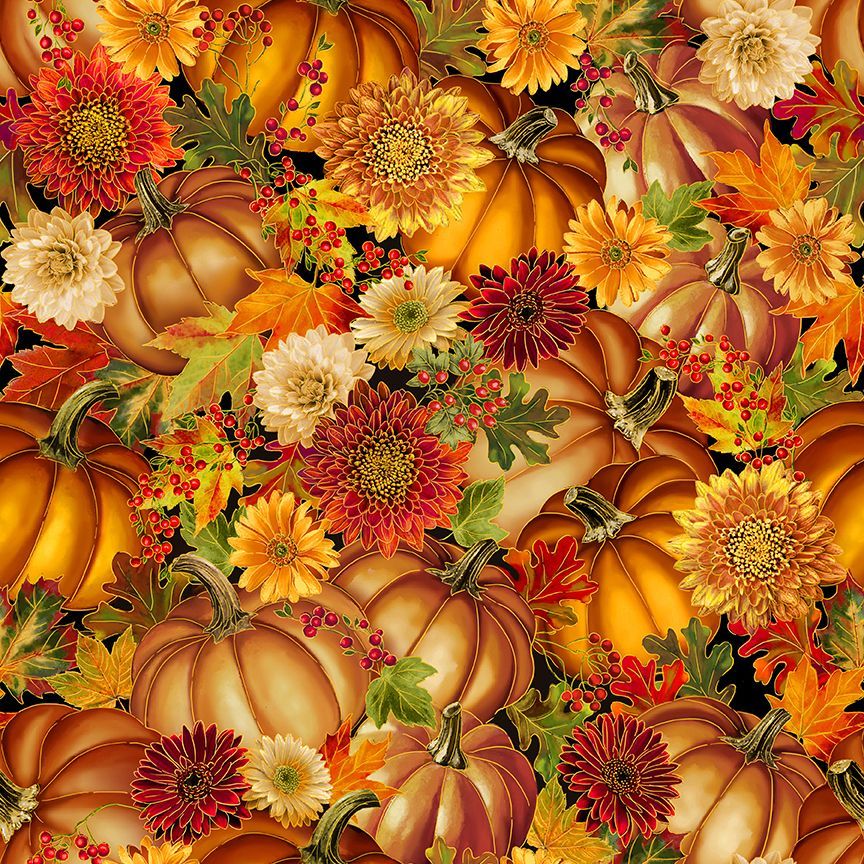 Thankful Packed Metallic Pumpkin Florals Orange Timeless Treasures Cotton Fabric