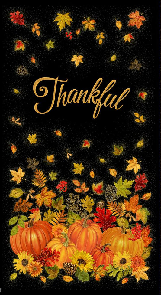 Thankful Metallic Panel 24" Black Timeless Treasures Cotton Fabric
