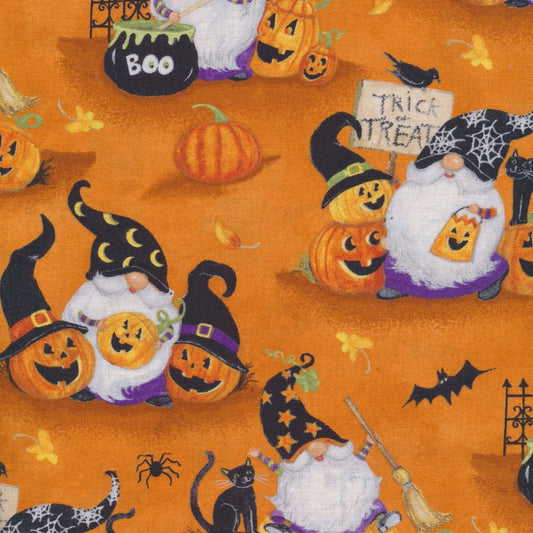 The Boo Crew Halloween Scenic Gnomes Orange Susan Winget Wilmington Prints Cotton Fabric