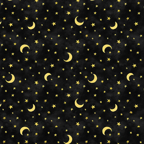 The Boo Crew Tossed Stars and Moons Black Susan Winget Wilmington Prints Cotton Fabric