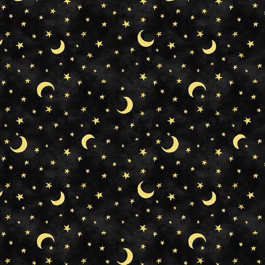 The Boo Crew Tossed Stars and Moons Black Susan Winget Wilmington Prints Cotton Fabric