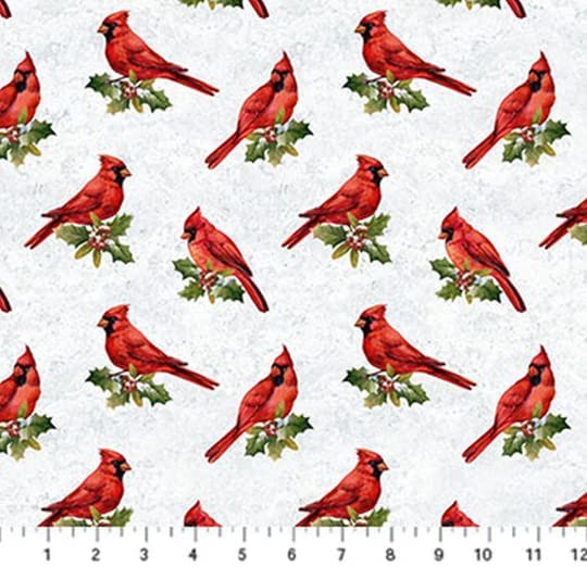 The Cardinal's Visit Red Cardinals Off White Northcott Cotton Fabric