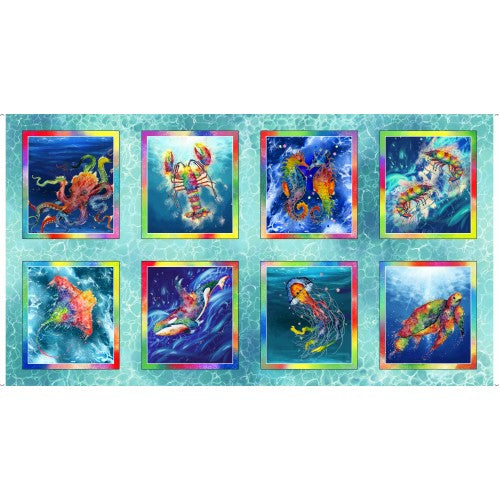 The Deep Sea Creatures Pictures Patches Panel 24" Multi Dave Bartholet Quilting Treasures Cotton Fabric