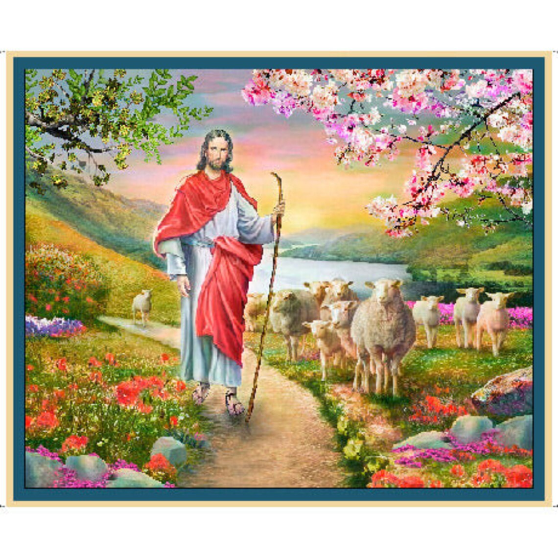 The Good Shepherd Jesus Sheeps Panel 36" Multi Menga Quilting Treasures Cotton Fabric