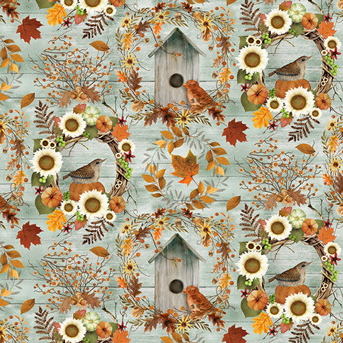 The Pick of the Patch Birds and Wreaths Mint Beth Albert 3 Wishes Cotton Fabric