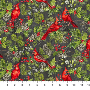 The Scarlet Feather Cardinals Holly Sprigs Charcoal Deborah Edwards Northcott Cotton Fabric