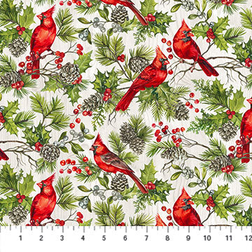 The Scarlet Feather Cardinals Holly Sprigs Pale Grainy Deborah Edwards Northcott Cotton Fabric