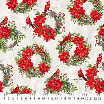 The Scarlet Feather Poinsettia Wreath Pale Grainy Deborah Edwards Northcott Cotton Fabric