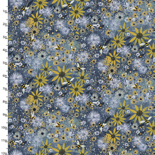 The Secret Garden Sunflower Field Navy Blue Lucy Grossmith 3 Wishes Fabrics Cotton Fabric