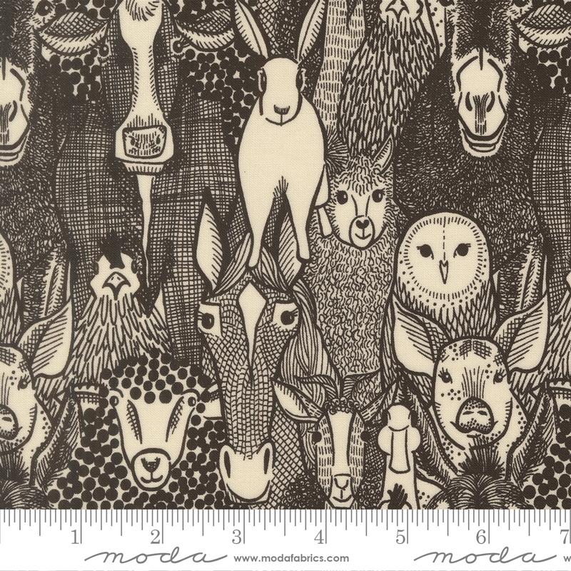 The Henhouse Barnyard Faces Animals Iron Black Gingiber Moda Cotton Fabric MD-48431-20