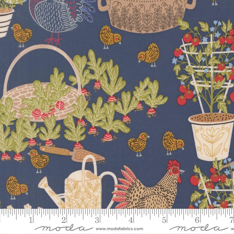 The Henhouse Chicken Garden Denim Dark Blue Gingiber Moda Cotton Fabri ...