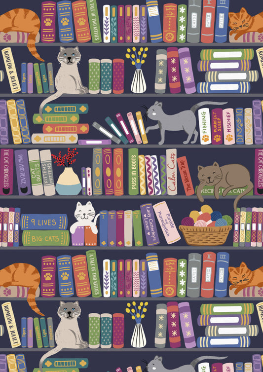 The Purrfect Book Club Book shelves and Cat Multi Lewis & Irene Cotton Fabric LI-A961A