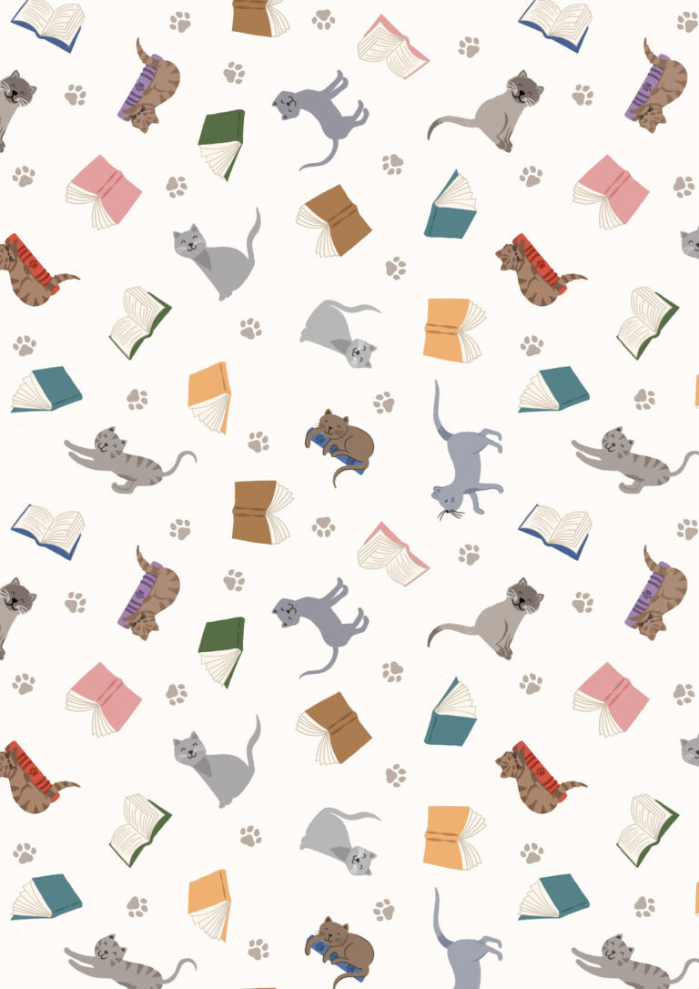 The Purrfect Book Club Scattered Cats and Books Cream Lewis & Irene Cotton Fabric LI-A965A | US Fabric Shop