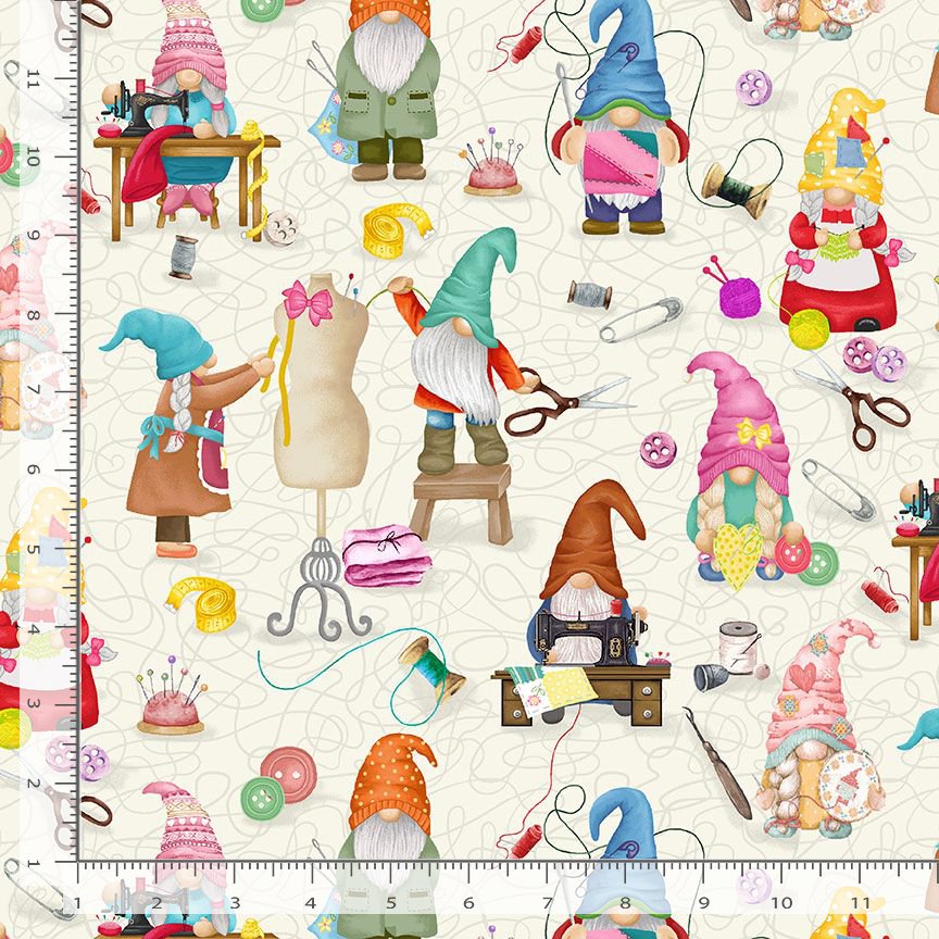 Thread & Thimble Sewing Gnomes Cream Timeless Treasures Cotton Fabric TT-FUN-CD2484-CREAM